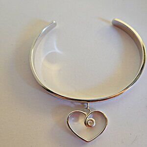 Diamond Heart Charm Sterling Silver Cuff Bracelet